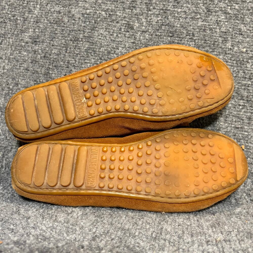 Minnetonka Suede Fringe Moccasin Studded Bow Brown Tlats Shoes Womens 8.5 - Picture 6 of 8